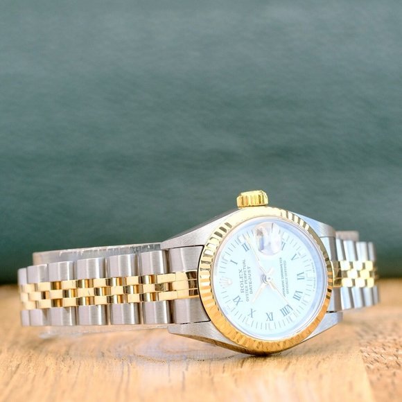 ROLEX DATEJUST WHITE INDEX DIAL 18K GOLD FLUTED JUBILEE TWOTONE WATCH 26MM 69173 - Picture 6 of 12